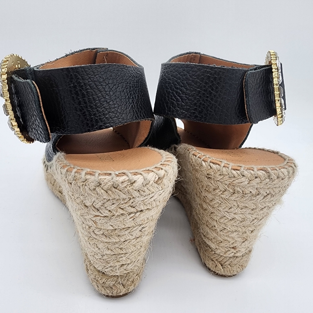 Maypol Spain Wedge Sandals Leather Black Rhinestone Buckle Size 39 or 9 - Picture 13 of 13